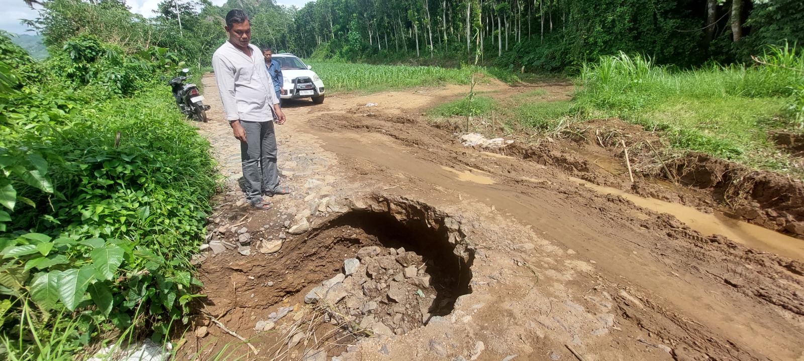 TINGGAL SEPARO: Jalan penghubung Desa Sanenrejo dengan Desa Curahnongko, Kecamatan Tempurejo, tergerus air hujan hingga tinggal separo.