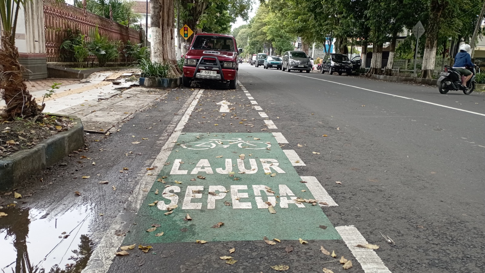 SALAH TEMPAT: Penampakan jalur sepeda di Jalan Ahmad Yani yang justru jadi tempat parkir kendaraan roda empat.