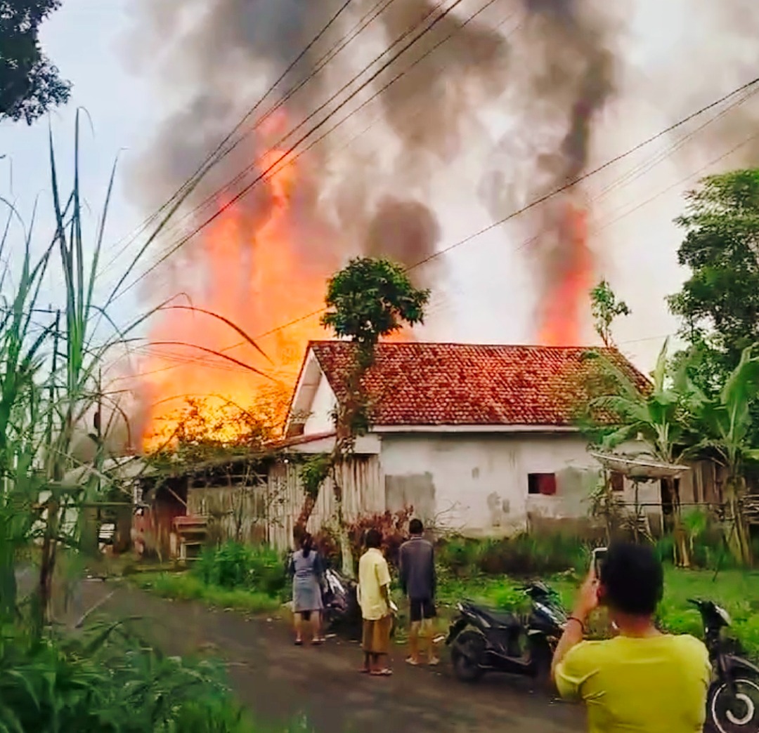 MENYALA: Kobaran api melalap tempat usaha peternakan ayam di Desa Pondokdalem, Kecamatan Semboro, Jember, Kamis (9/1) pagi.