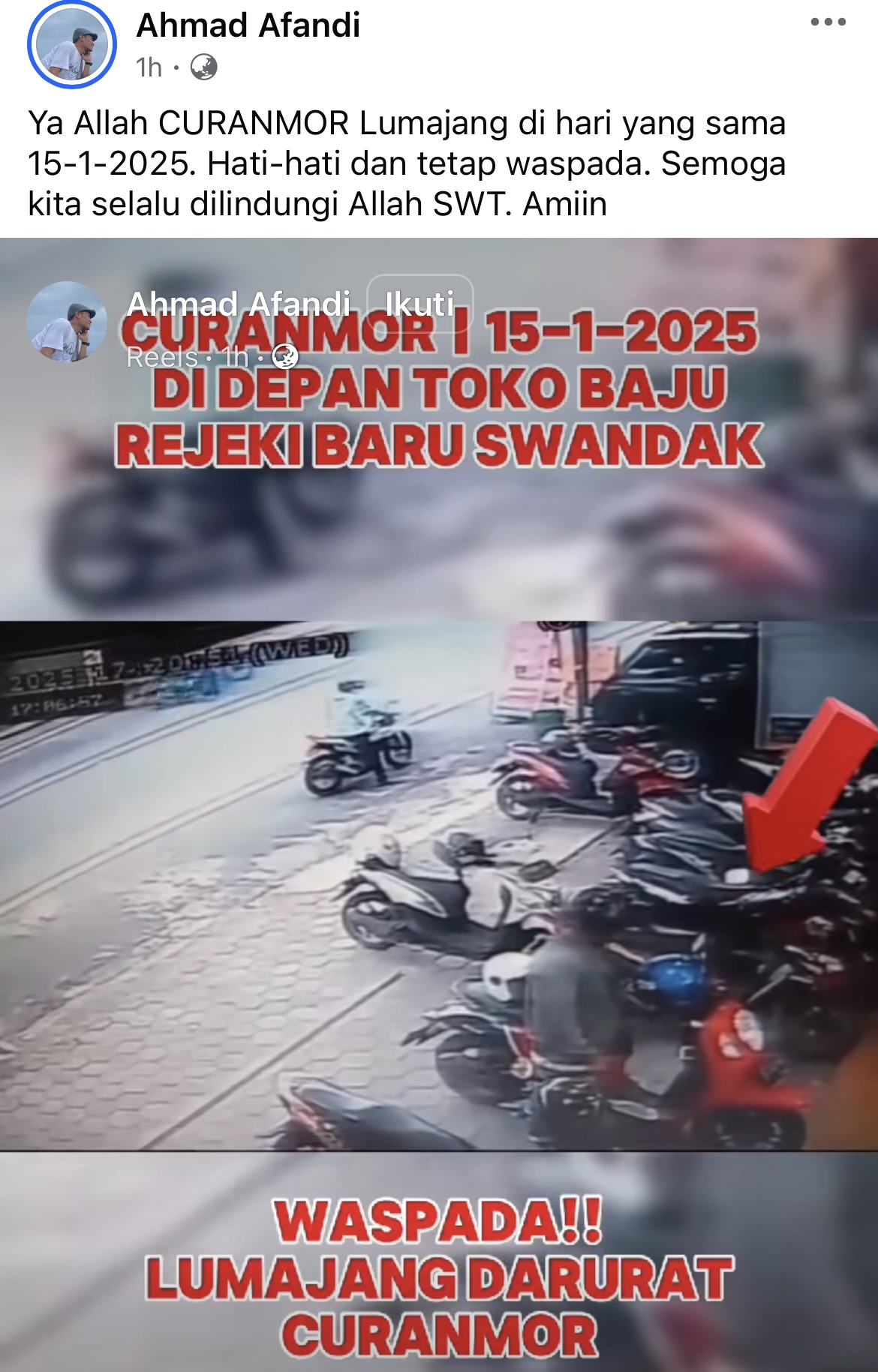 Hasil CCTV pencurian motor di Jalan Suwandak, Lumajang.