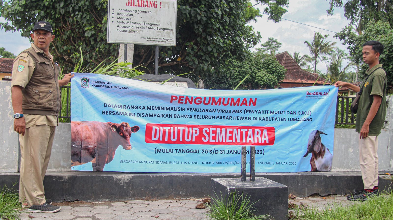 DITUTUP: Petugas puskeswan Kecamatan Pasirian memasang banner peringatan tentang penutupan pasar hewan yang ada di  wilayahnya, Selasa (21/1).(MUHAMMAD HASBI/RAME)