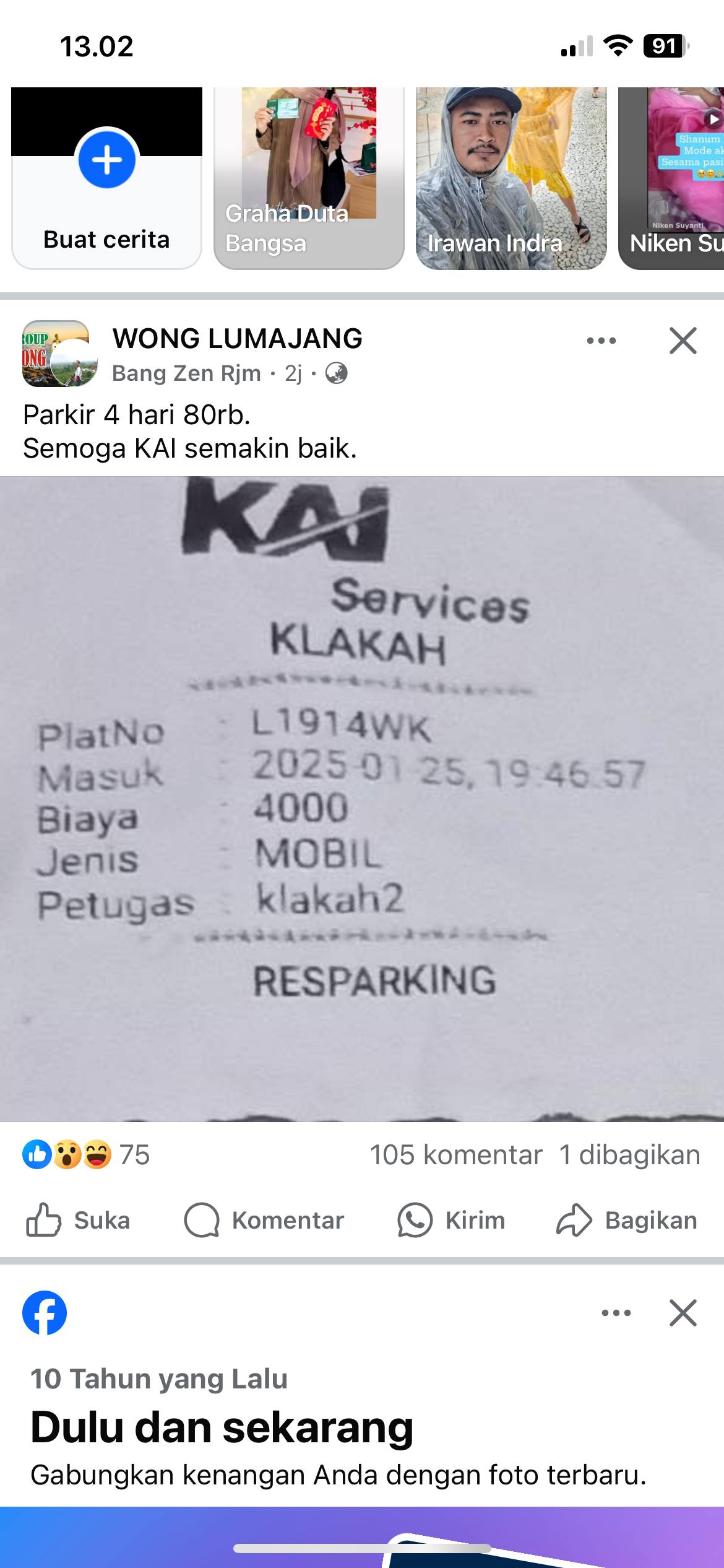 Hasil tangkapan layar tarif parkir di statisun klakah