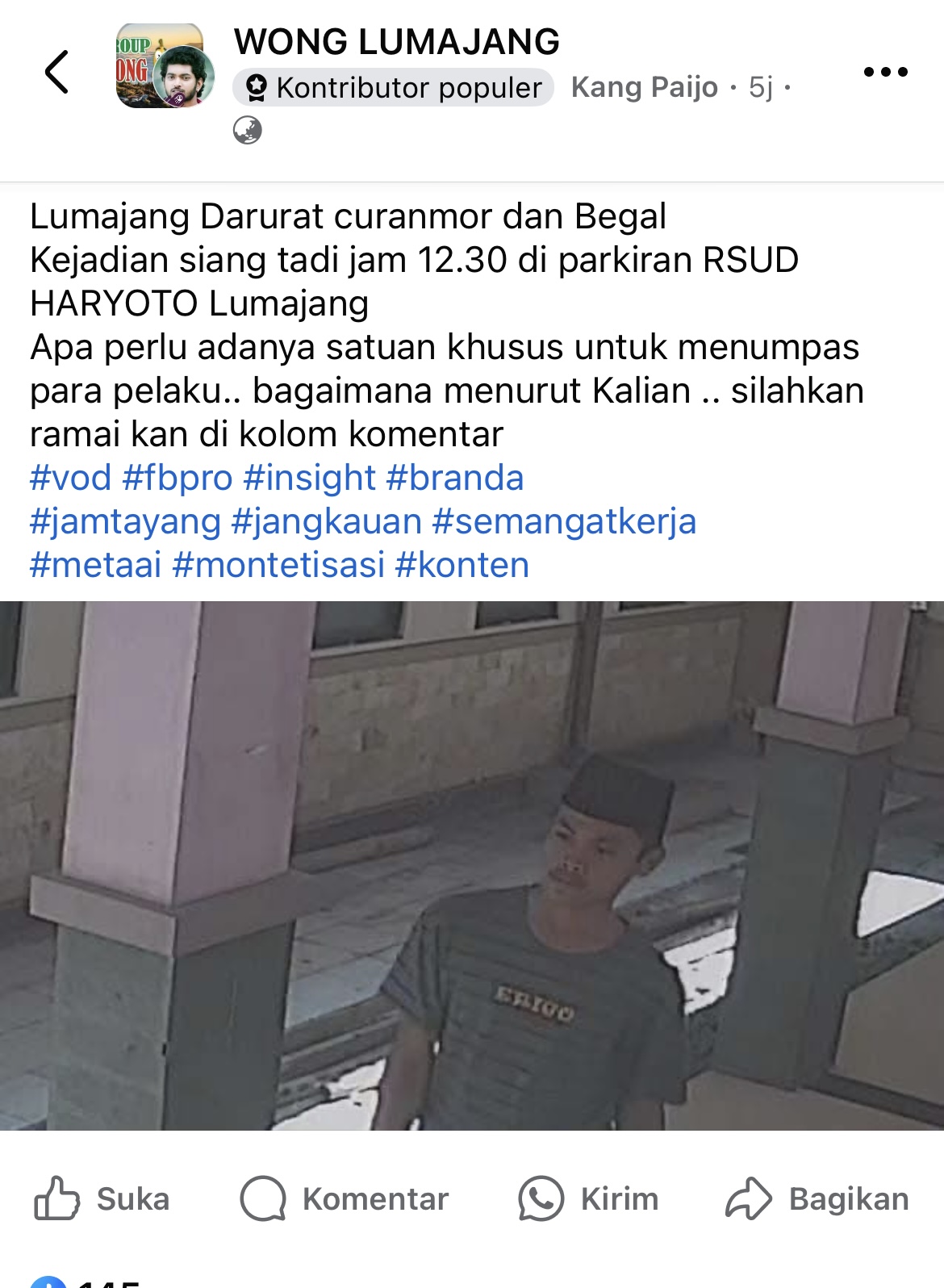 Hasil tangkap layar diduga pelaku pencurian motor di RSUD Haryoto Lumajang.
