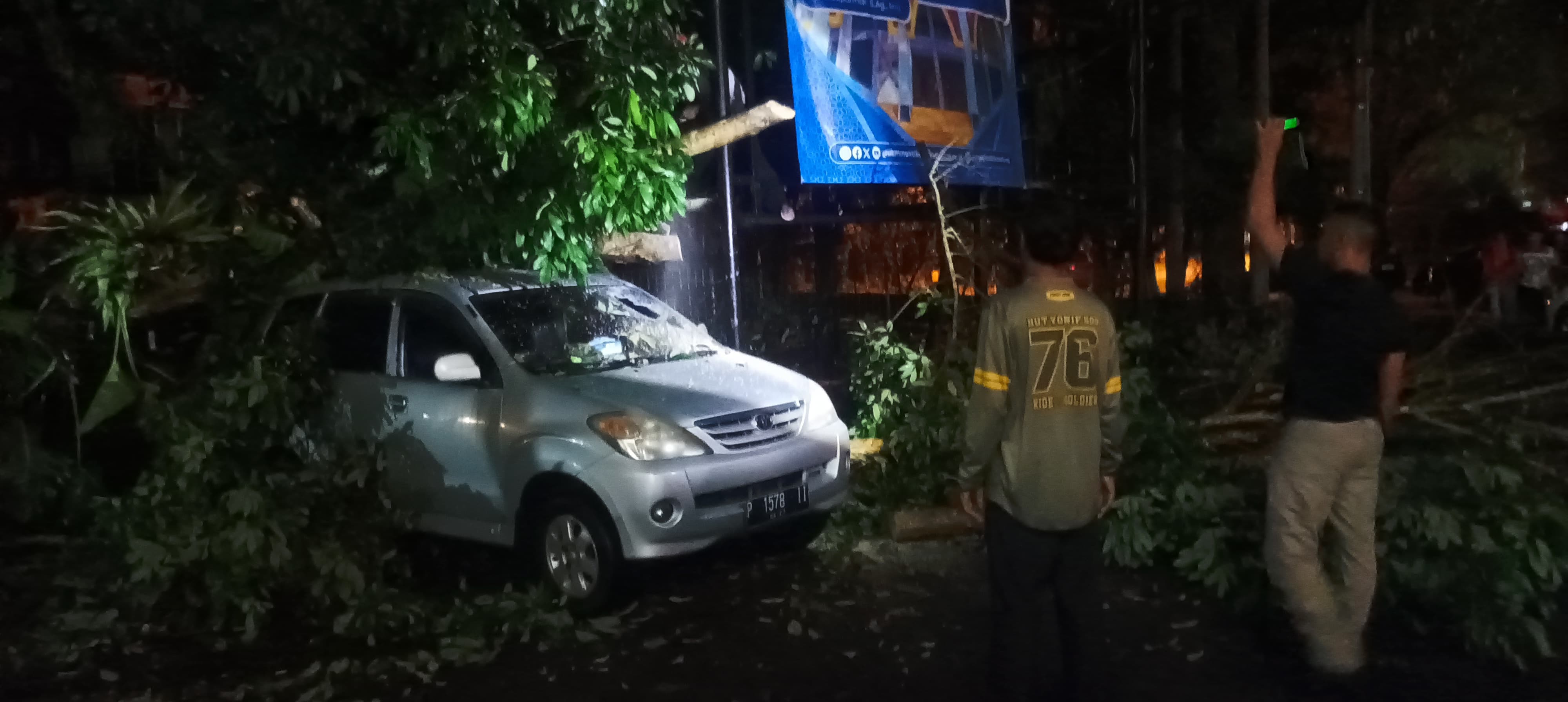 POHON TUMBANG: Sebuah mobil tertimpa pohon yang roboh di depan masjid Al-Hikmah Unej, kemarin. (TRI JOKO/RADAR JEMBER)