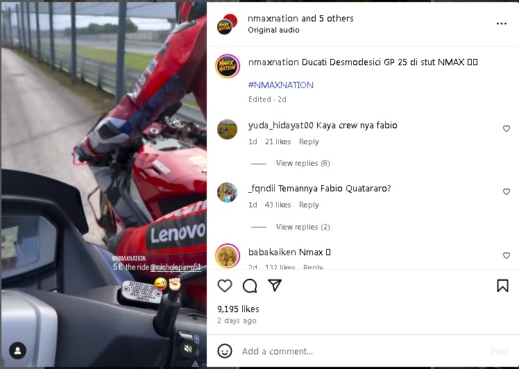 Unggahan video menampilkan motor MotoGP Ducati Desmosedici disetut menggunakan skutik gambot Yamaha Nmax. (Instagram @nmaxnation)