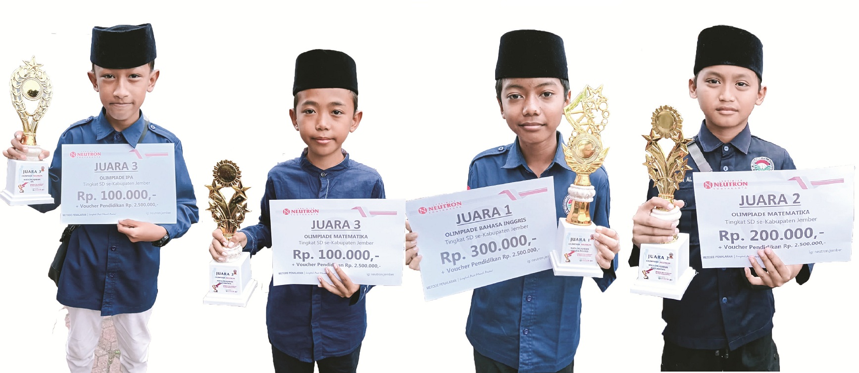 BOYONG PIALA: Empat Siswa MI Unggulan Nuris Jember, memborong trofi dalam ajang olimpiade tingkat kabupaten yang diselenggarakan Neutron Jember, Sabtu (25/5/2025). (Nuris Jember)
