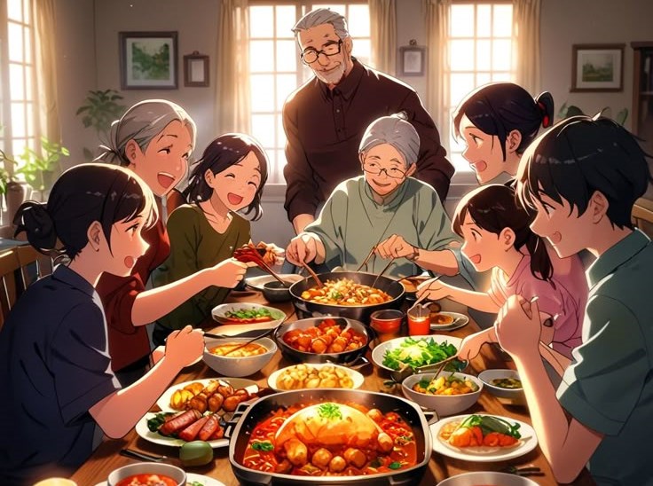 Ilustrasi keluarga besar pesta makan-makan (freelistshortcutkeys.com-pinterest)