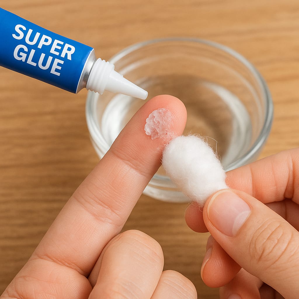 Ilustrasi pembersihan superglue pada kulit dengan menggunakan berbagai bahan termasuk vaseline hingga aseton.