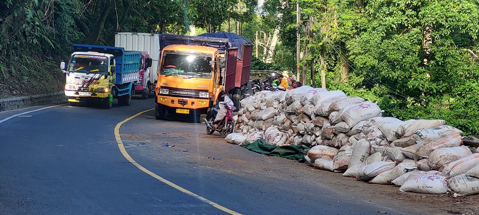BERBAHAYA: Tikungan Mbah Singo di KM 36.800, Dusun Gumitir, Desa Sidomulyo, Kecamatan Silo ini menjadi momok bagi sopir karena jalan terlalu miring sehingga rawan kecelakaan. (JUMAI/RADAR JEMBER)