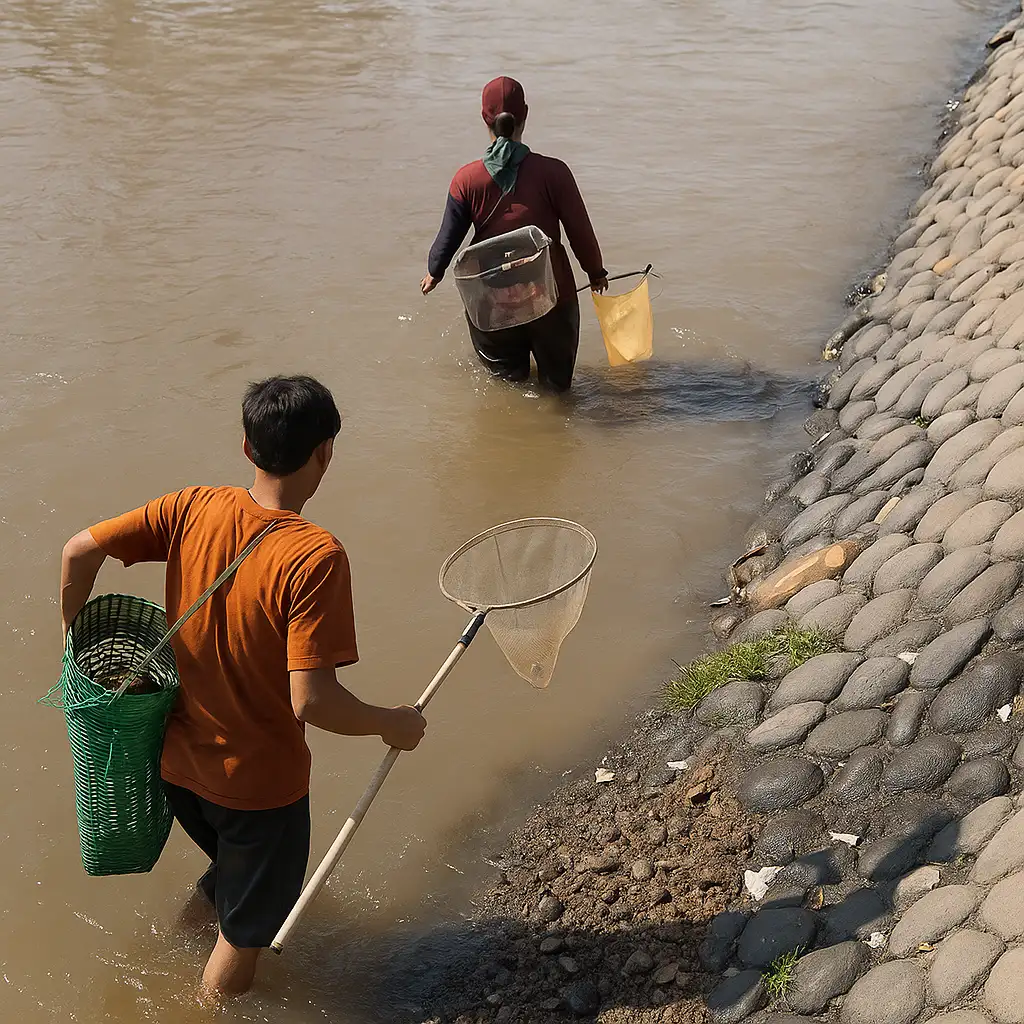 SEADANYA: Puluhan warga berupaya mencari ikan di saluran irigasi Bendungan Sampen Baru dengan alat yang mereka bawa siapkan, beberapa hari lalu.