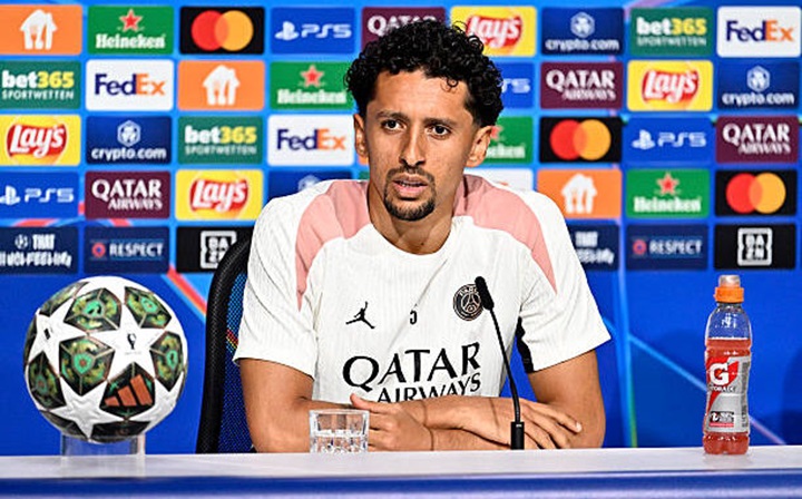 MUNICH, GERMANY - MAY 30: Marquinhos of Paris Saint-Germain answers journalists during a press conference ahead of the UEFA Champions League Final 2025 between Paris Saint-Germain and FC Internazionale Milano at Allianz Arena on May 30, 2025 in Munich, Ge