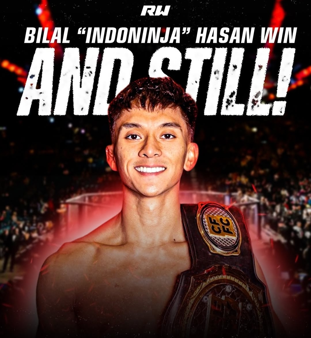 GEMILANG:Bilal Hasan pose gagah dengan sabuk kebanggaannya. (Ig Bilal Hasan)