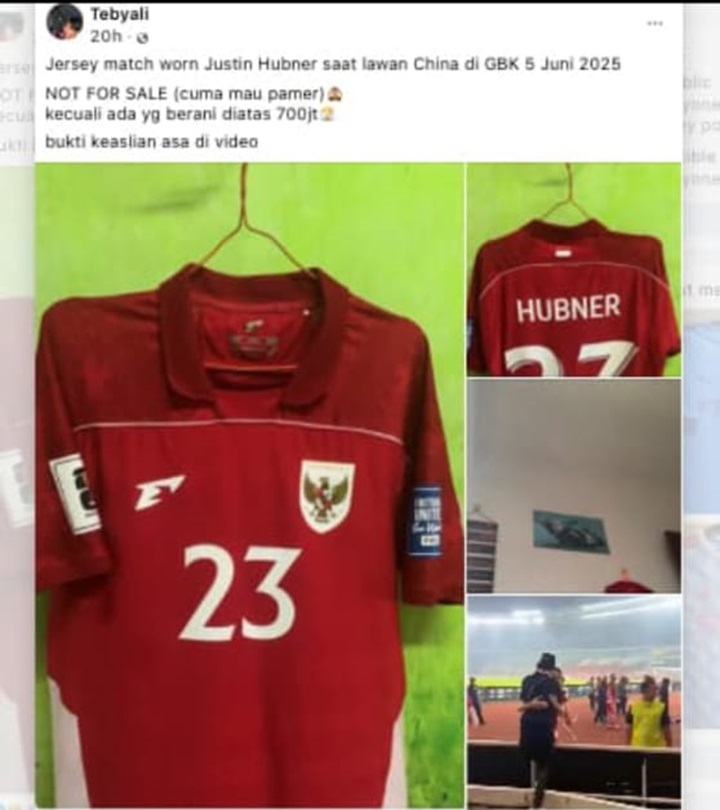 Viral Jersey Justin Hubner Dipatok Rp700 Juta Dinilai Tidak Masuk Akal (Tangkapan Layar Facebook @Tebayali)