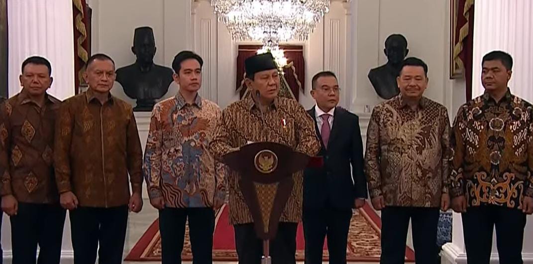 Presiden Prabowo Subianto saat awal mengumumkan komposisi kementerian di pemerintahannya. (Foto. Tangkapan layar youtube Setpres)