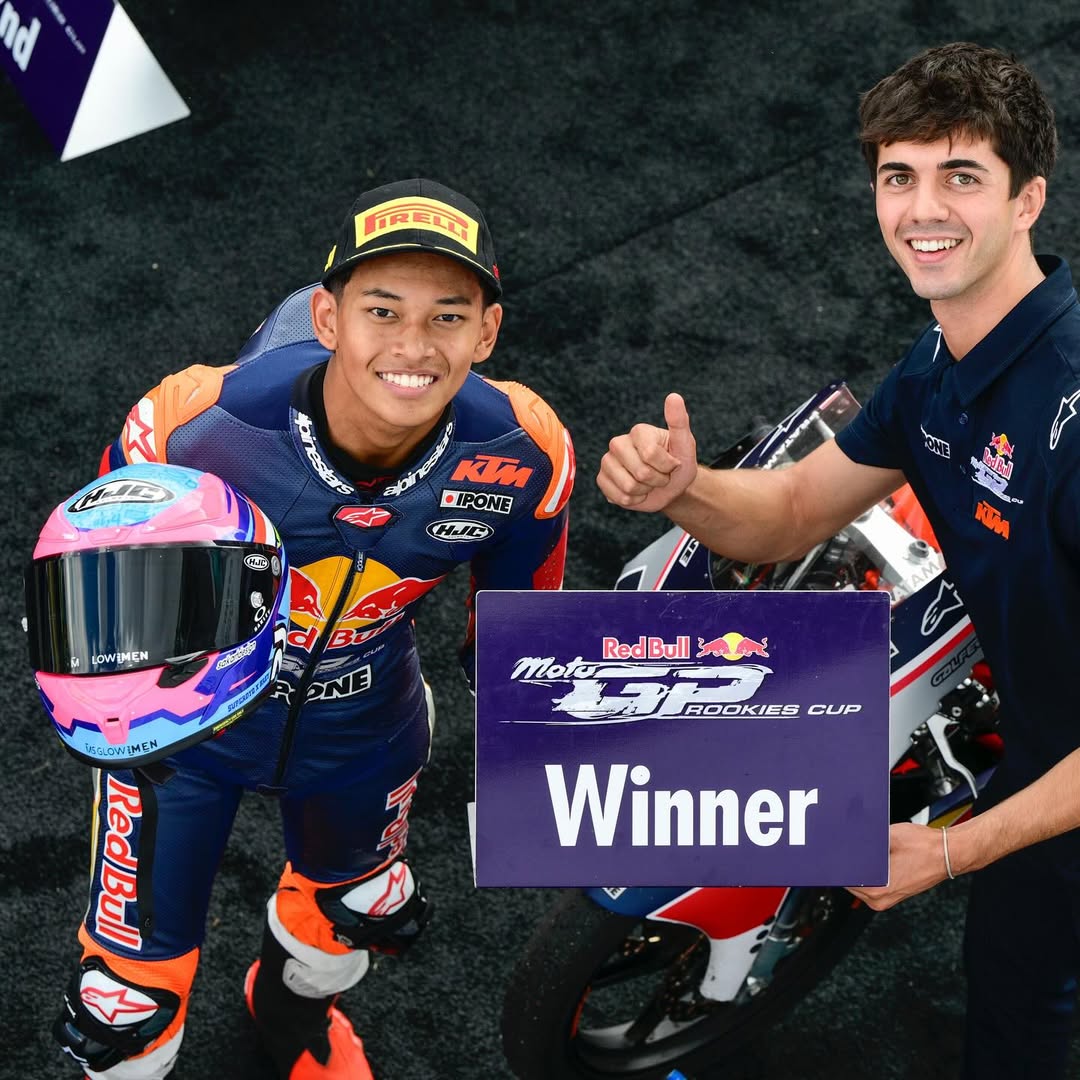 LAGI: Veda Ega Pratama menggulangi kemenangan di Race 2 Red Bull Rookies Cup di Sirkuit Sachsenring, Jerman, Minggu (13/7/2025).