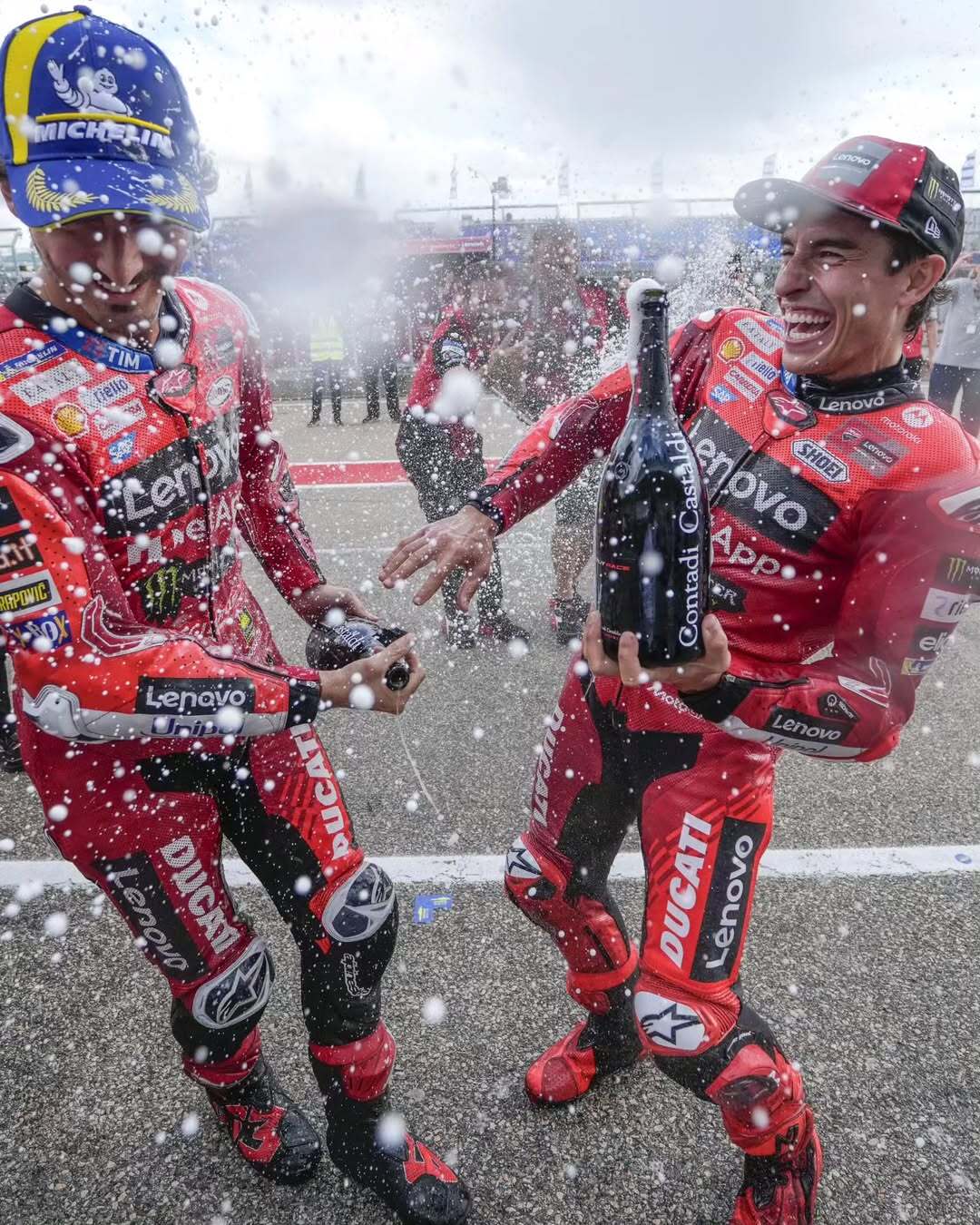 Selebrasi dua pembalap Ducati Lenovo, Marc Marquez dan Pecco Bagnaia, di Sachsenring, Jerman.