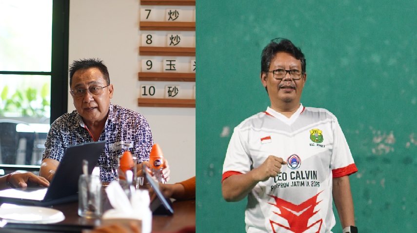 MULAI MUNCUL: Ketua KONI Jember Sutikno dan Ketua PBSI Jember Ervan Friambodo sama-sama didorong maju oleh sejumlah cabor untuk mencalonkan sebagai ketua KONI Jember periode 2025-2029.