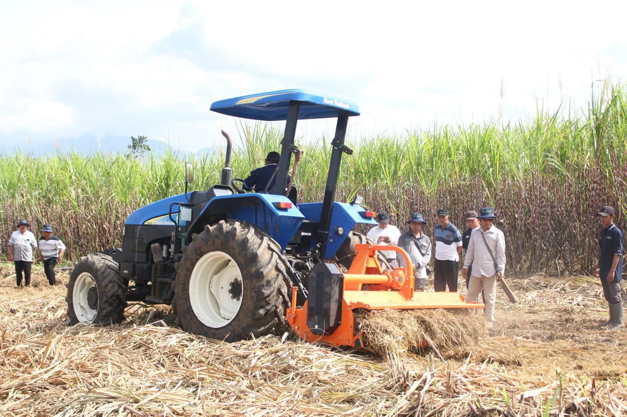 PANEN: Sejumlah petani ketika memanen tebu menggunakan traktor khusus di lahan tebu beberapa waktu lalu.
