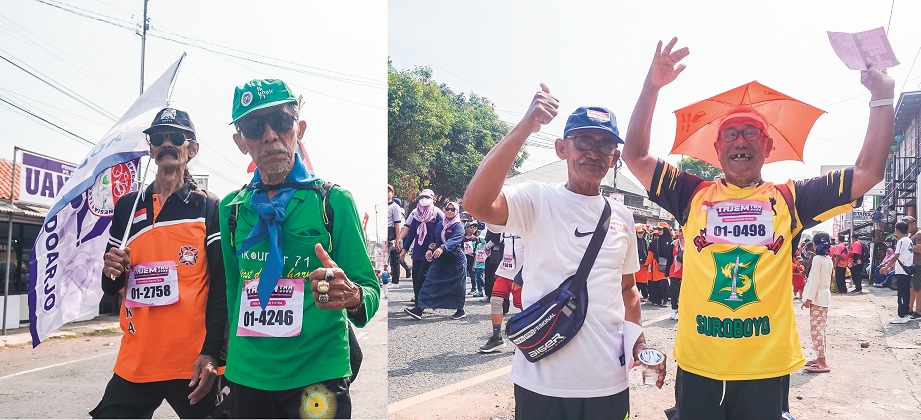 IKUT TURUN JALAN: Saedi, 74 (kaus hijau), Junaidi, 74 (kaus kuning), dan Jumali, 61, (kaus putih), mengikuti Tajemtra 2025, sejauh 30 kilometer, start Alun-alun Tanggul finish Alun-Alun Jember, Sabtu