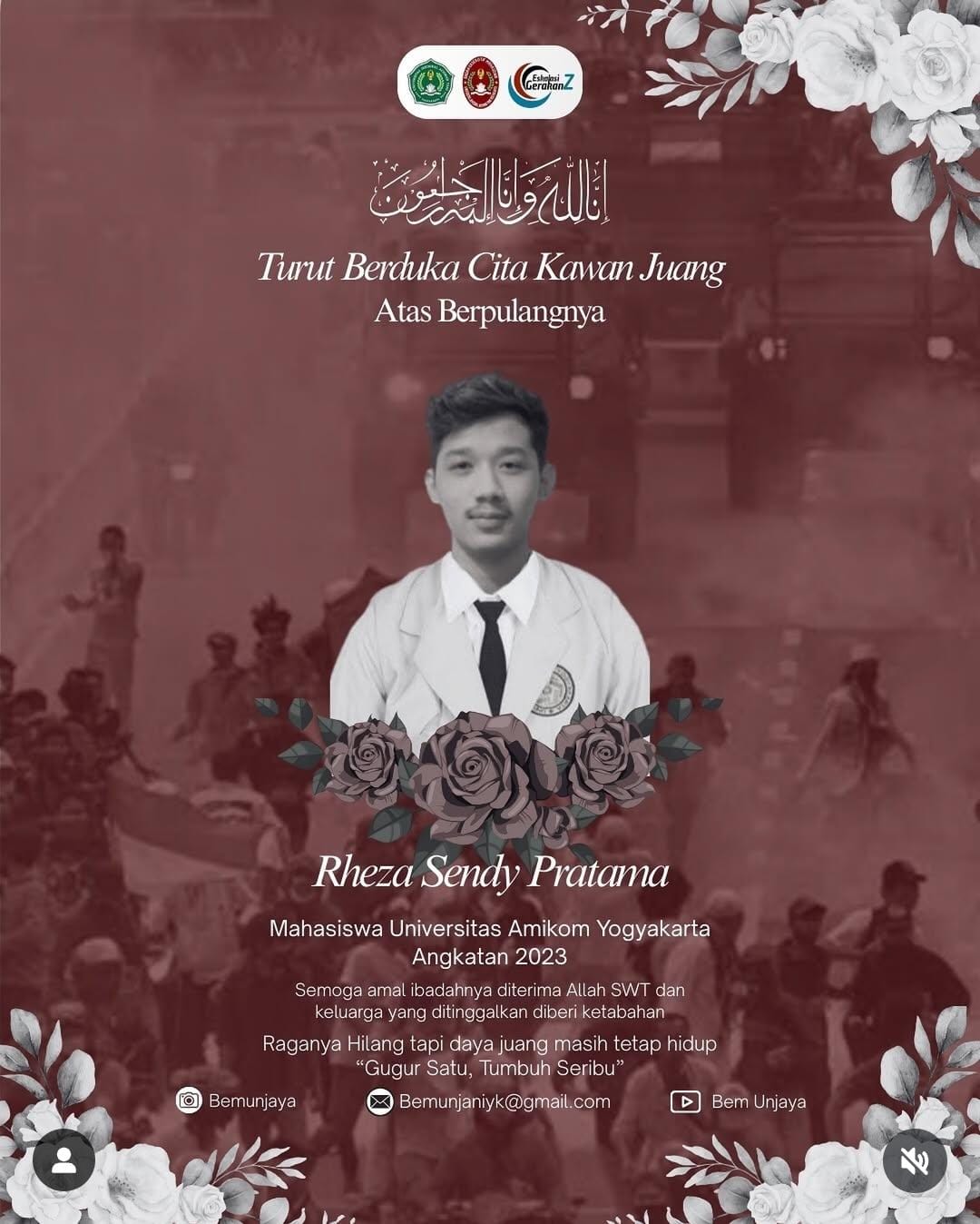 MENGENANG: salah satu flyer belasungkawa untuk almarhum Rheza Sendy Pratama (ig:BEM Unjaya)