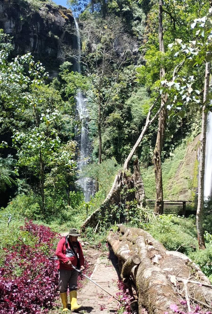 TERUS DIBERSIHKAN: Area wisata air terjun tancak kembar dibersihkan, setelah banyak ditumbuhi rumput liar.