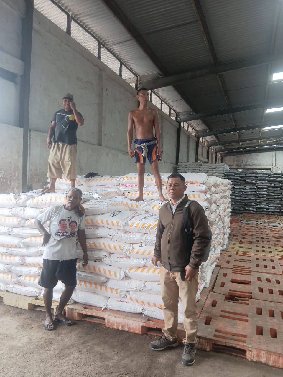 TERSEDIA: Ketua KTNA Jember Muhammad Sholeh (kanan) melihat distribusi pupuk di gudang penyimpanan pupuk subsidi, di gudang Pupuk Indonesia Kecamatan Rambipuji.