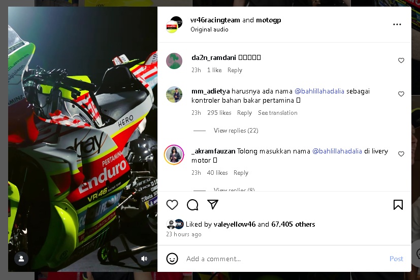 Sindiran warganet soal BBM pada kolom komentar unggahan akun VR46 Racing Team.