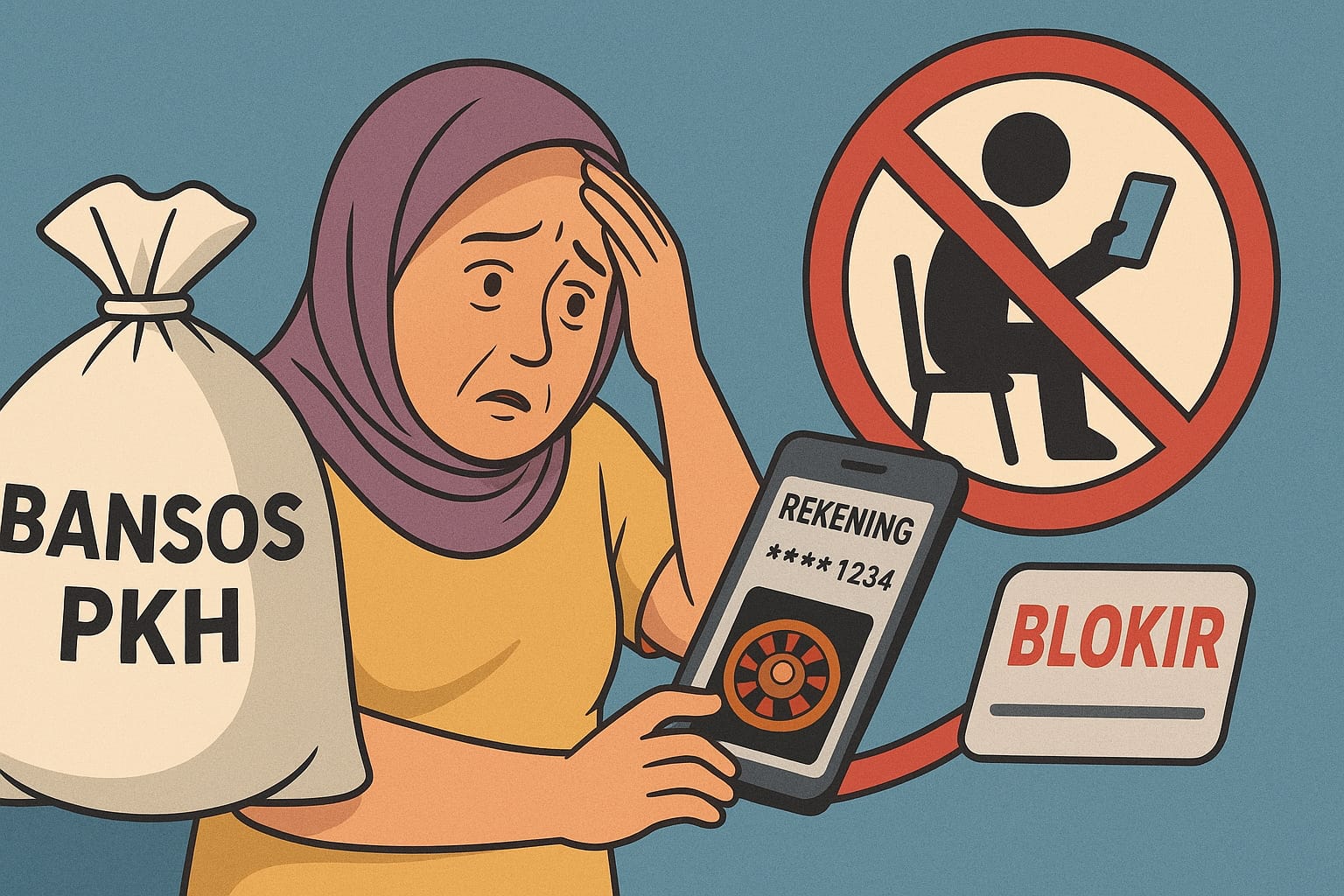 Ilustrasi penerima Bansos PKH yang kartu rekeningnya dibekukan usai terjerat judi online ( ilustrasi AI)