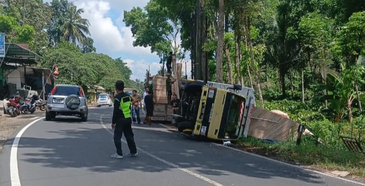 TERGULING: Truk Disel yang disopiri Agus Priyanto, 36, warga Sumenep yang terguling di tikungan Jalan Raya Silo pada Senin (13/10) pagi. (Wijihariyanto)