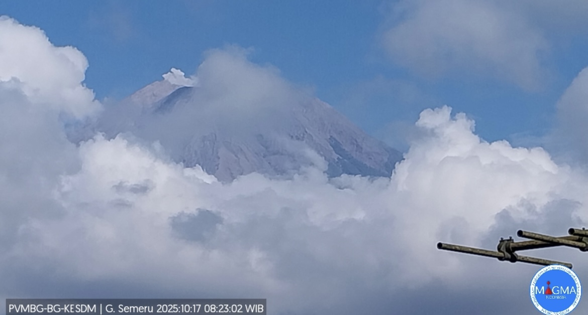 BERAWAN: Kondisi Gunung Semeru saat terjadi erupsi dengan ketinggian sedang.(PETUGAS PPGA)