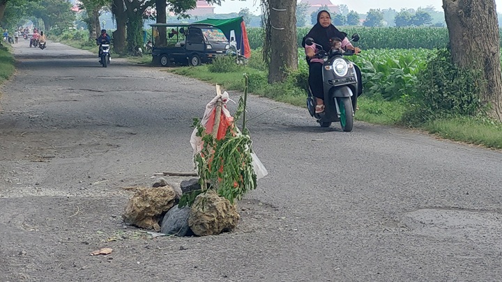 KAPAN DIPERBAIKI: Pengguna jalan yang melintas di jalan Desa Lojejer, Kecamatan Wuluhan dengan Desa Puger Wetan, Kecamatan Puger harus berhati-hati karena ada gorong-gorong jebol. (JUMAI/RJ)
