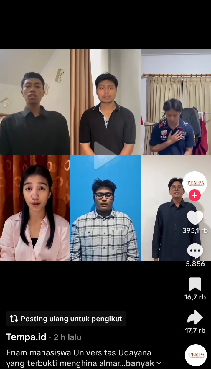 6 diduga pelaku perundungan mahasiswa udayana yang mengklarifikasi perbuatannya serta minta maaf di media sosial. (Dokumen tangkapan layar dari akun tiktok Tempa.id)