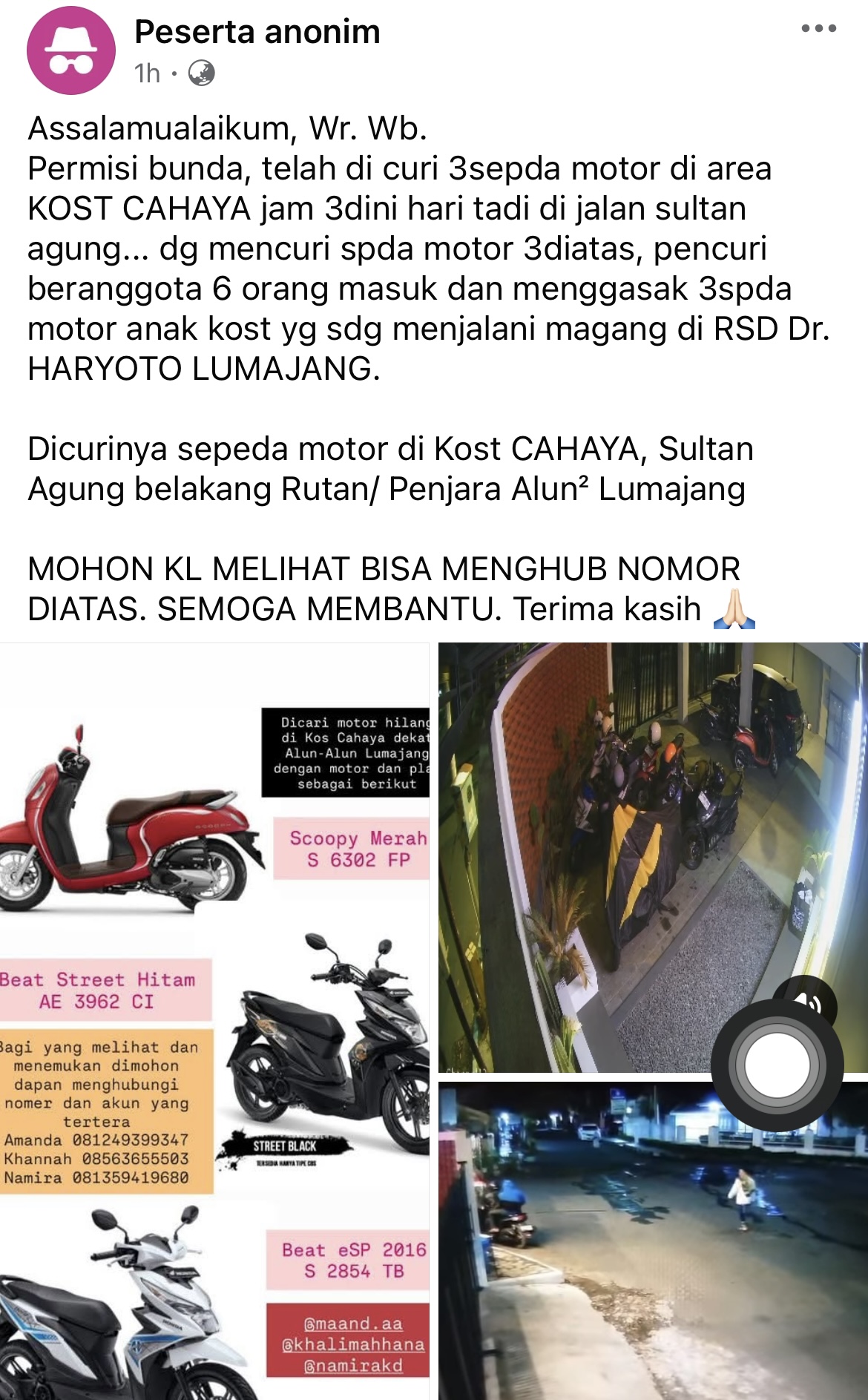 Hasil rekaman CCTV saat pelaku pencurian motor beraksi di Lumajang.
