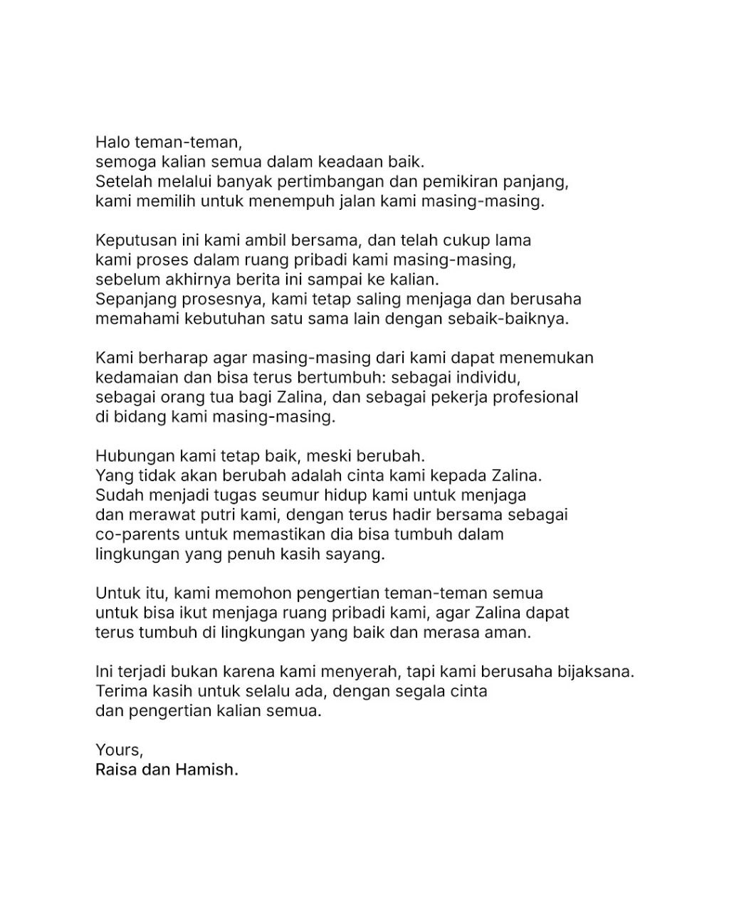 surat Klarifikasi dari Raisa dan Hamish tentang perceraian mereka (Instagram @raisa6690 dan hamishdw)