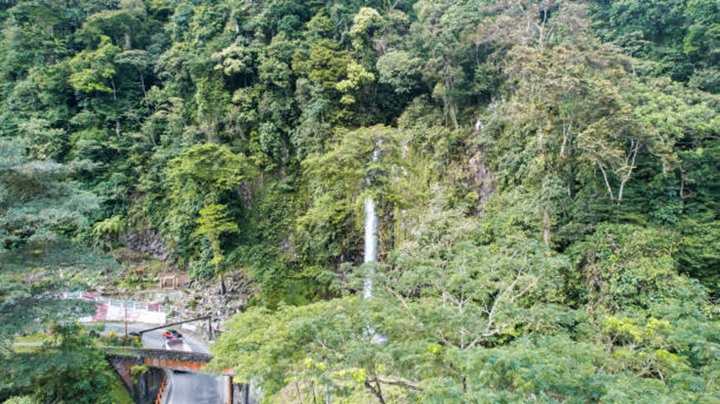 Aerial view of Lembah Anai Waterfall, a nature tourist destination in Padang. West Sumatera, Indonesia