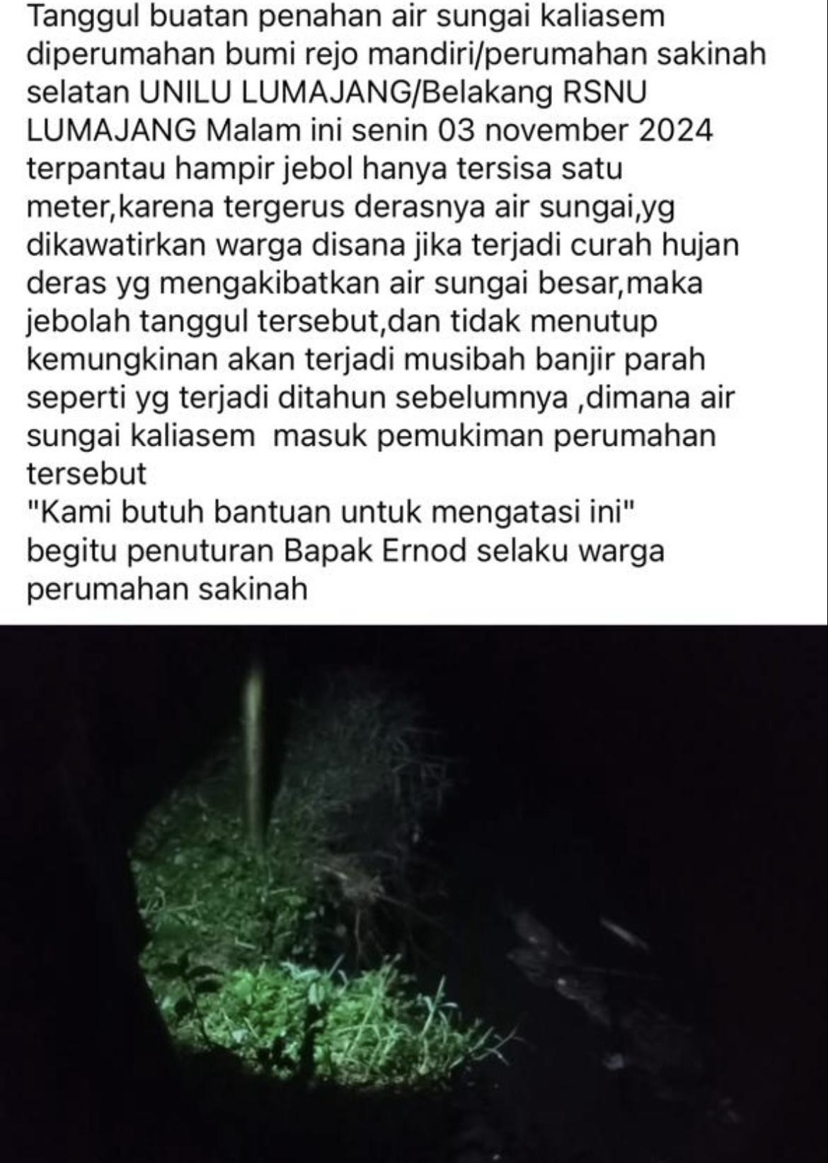 Kondisi tanggul buatan di kali asem Lumajang hampir jebol.