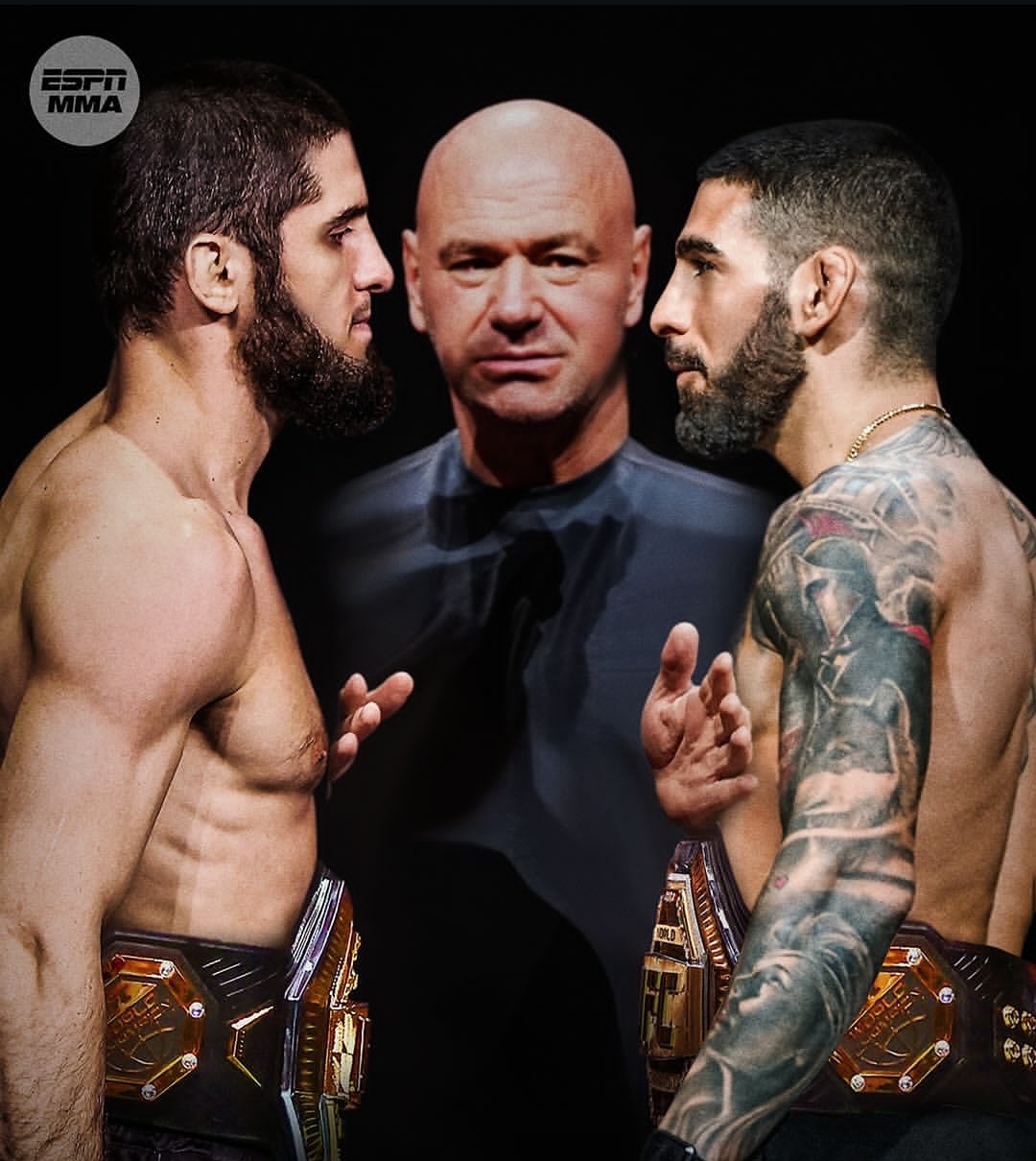 MENEGANGKAN: Ilustrasi Dana White (tengah) saat berada diantara petarung bintang (espnmma)