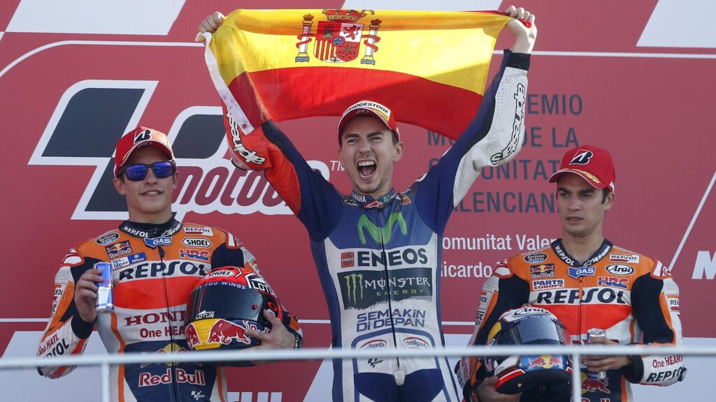Marc Marquez, Jorge Lorenzo, dan Dani Pedrosa di Sirkuit Valencia, 2015.