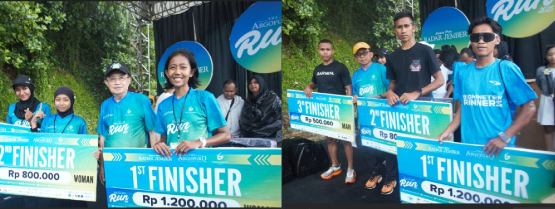 Musayin dan Ais, merengkuh podium pertama, usai menaklukkan track semi trail sejauh 6 kilometer, di Argopuro Run 2025, di Perumahan The Argopuro, Kaliwates, Jember, Minggu (9/11). (Foto JPRJ)