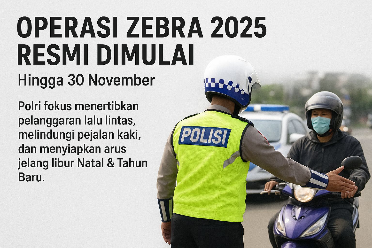 Polri fokus menertibkan pelanggaran lalu lintas, melindungi pejalan kaki, dan menyiapkan arus jelang libur Natal & Tahun Baru. Utamakan keselamatan di jalan patuh aturan, pulang selamat.(AI)