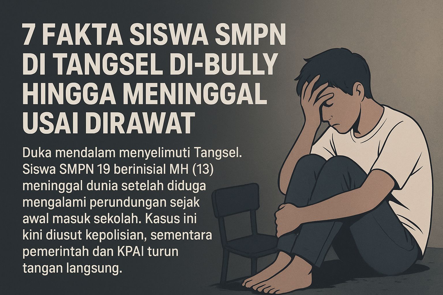Duka mendalam menyelimuti Tangsel. Siswa SMPN 19 berinisial MH (13) meninggal dunia setelah diduga mengalami perundungan sejak awal masuk sekolah. (AI)