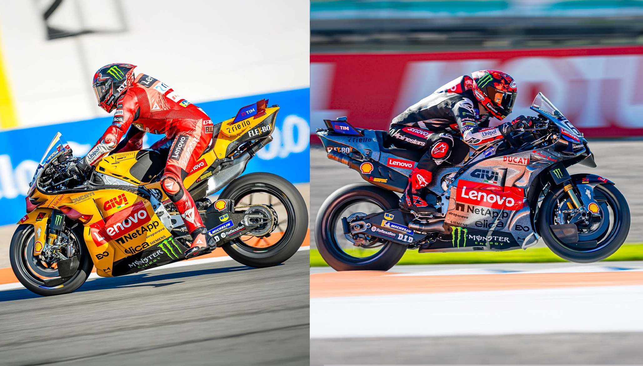 Nicolo Bulega mengendarai Ducati Desmosedici dominan warna kuning, sedangkan Pecco Bagnaia mengendarai Ducati warna silver di tes pramusim Valencia.