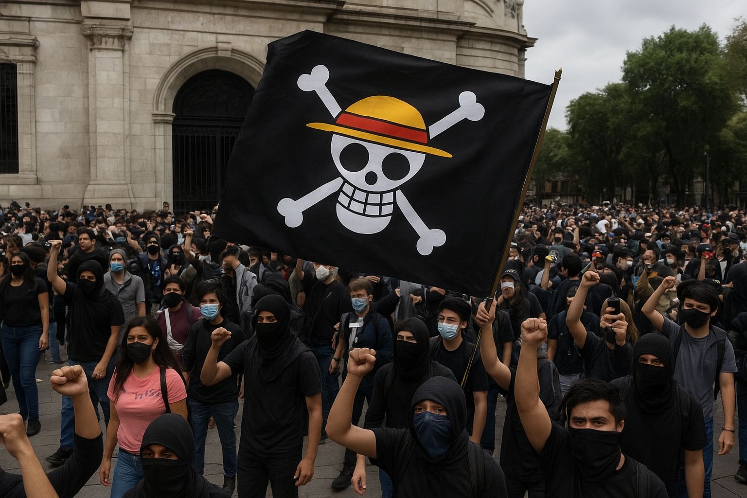 Ribuan warga kepung istana Presiden Meksiko, bendera One Piece berkibar jadi simbol perlawanan generasi muda.(AI)