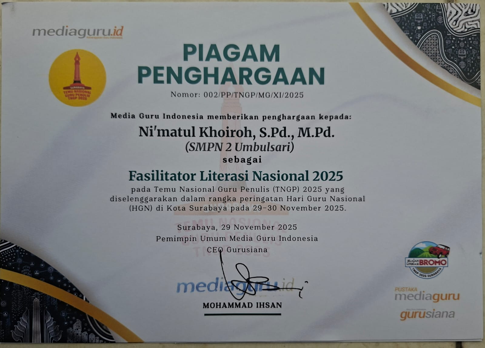 Piagam Penghargaan yang Diraih KS SMPN 2 Umbulsari