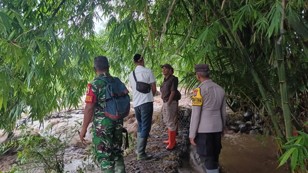 Tiga pilar Desa Pakis Kecamatan Panti mengontrol kerusakan cempolong dan bronjong, di Desa Pakis, Kecamatan Panti karena terdampak banjir.