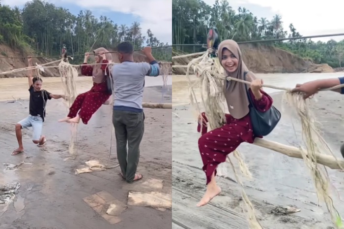 Cerita warga desa di Bireuen, Aceh, yang terdampak bencana banjir bandang, kini menyeberangi sungai dengan peralatan seadanya. (Instagram.com/@babang.amien)