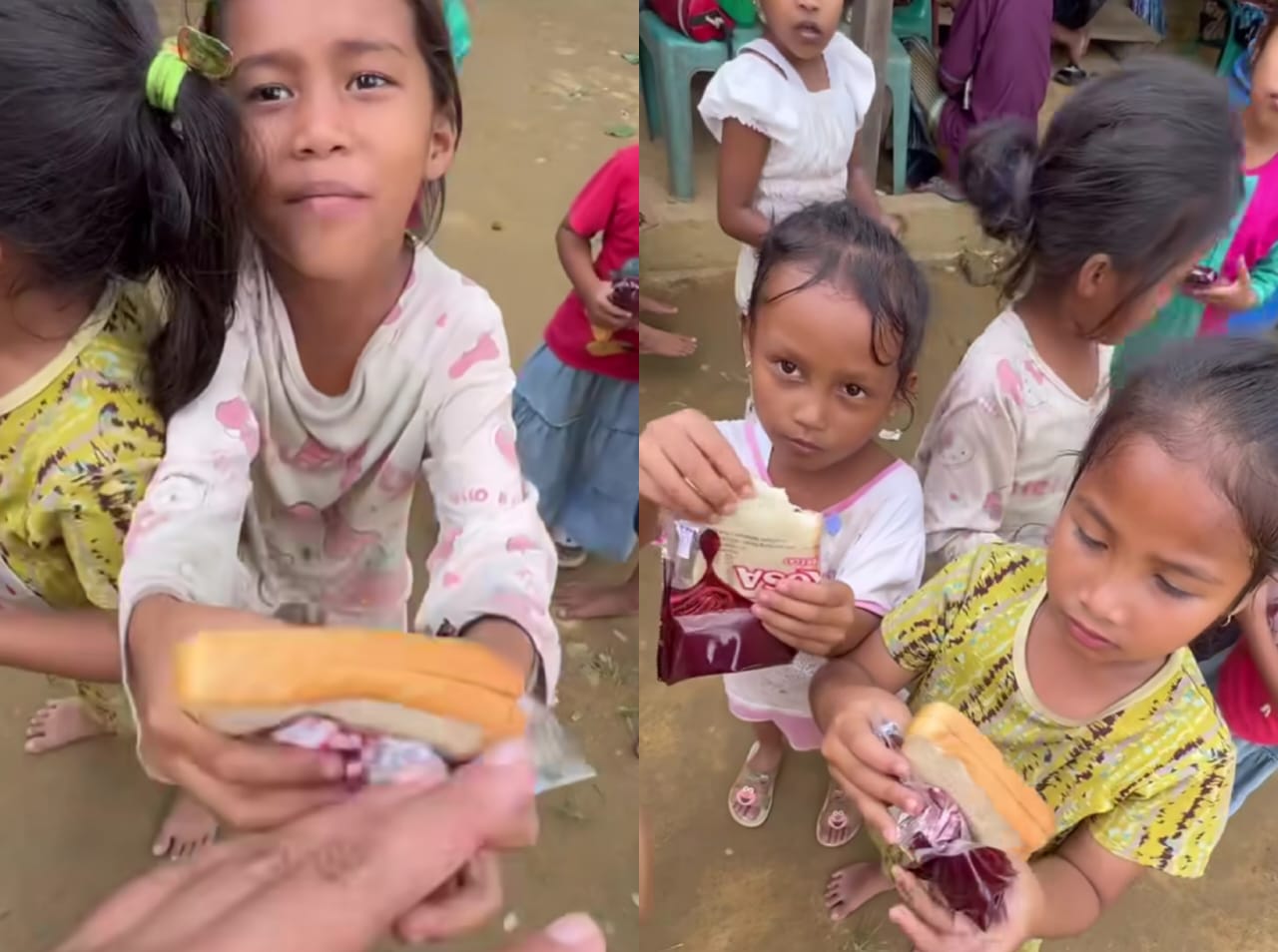 Momen anak-anak pengungsi di Aceh menawarkan roti kepada relawan.