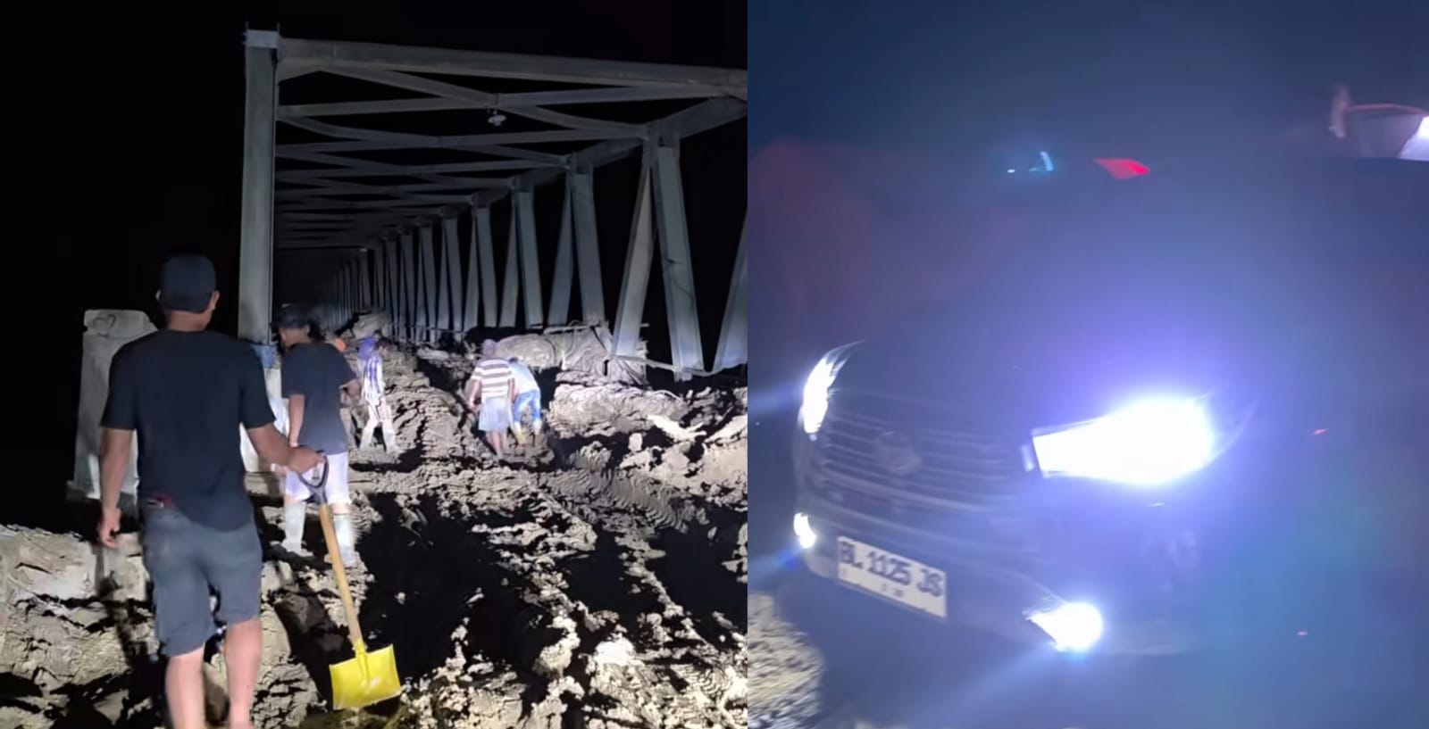 Tangkapan layar video warga Pematang Durian, Aceh Tamiang, saat gotong royong membuka akses jembatan yang tertutup lumpur.