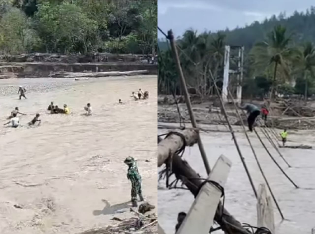 Relawan sempat jatuh ke sungai saat tali jembatan penyeberangan di Reje Payung, Aceh Tengah putus. (Dinas Kominfo Aceh Tengah)