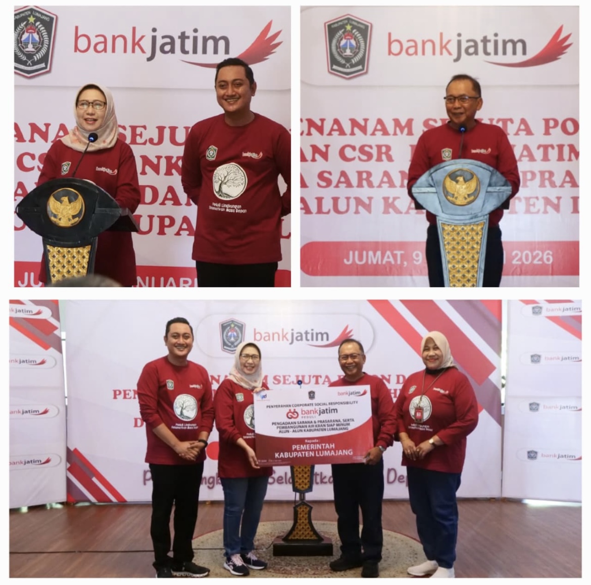 SERAHKAN: Bank Jatim menyerahkan bantuan corporate social responsibility (CSR) berupa sarana dan prasarana kepada Pemkab Lumajang.(FOTO-FOTO ATIEQSON MAR IQBAL/RAME)